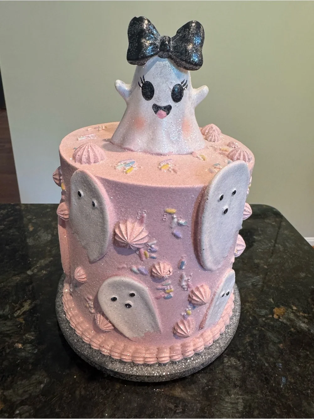 Pink Faux Cake Ghost Girl Topper Halloween Pastel Goth Decor Black Bow NEW 7”